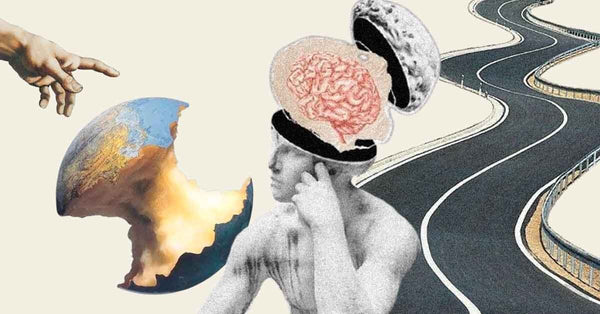 Arte digital com imagens como uma mão apontando para um globo terrestre em forma de maçã mordida, uma pista de estrada sinuosa e a imagem de uma estátua grega pensando com a cabeça aberta e um cérebro à mostra.