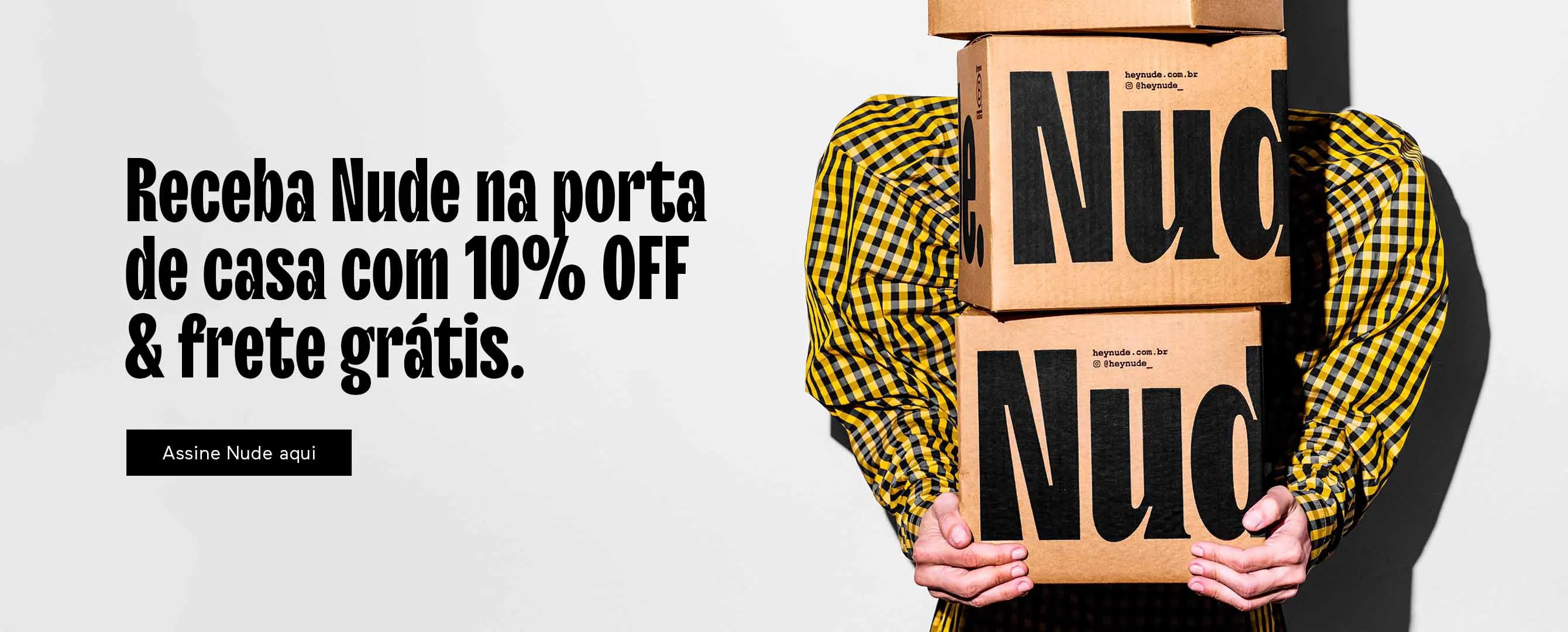 Banner do plano de assinatura Nude com chamada para receber bebida de aveia em casa todo mês com frete grátis e 10% de desconto