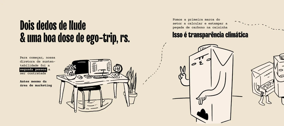 Ilustração animada da página de sustentabilidade HeyNude representando a pegada de carbono estampada na caixinha – primeiro passo para a transparência climática